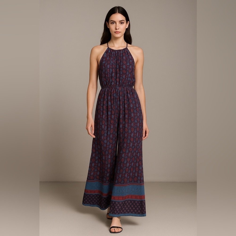 Purple Snow Paisley Border Printed Bohemian Jumpsuit Romper Size S